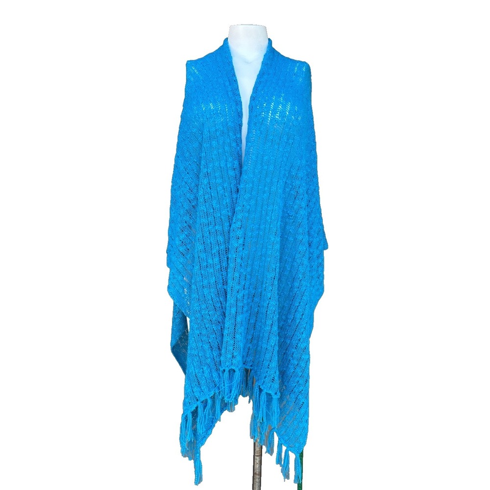 Hot In Hollywood Shawl Wrap Cardigan Blue Fringe Knit Open Front Beach Boho Chic